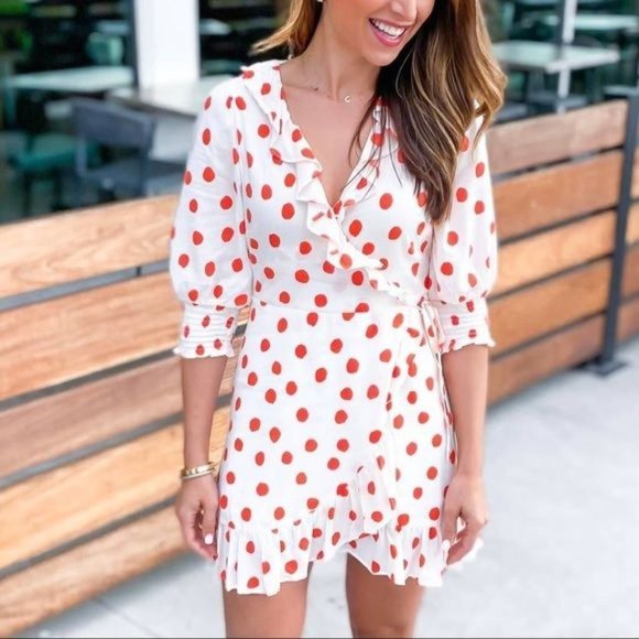 Rixo Woman's Dress XXS Red Polka Dot Mini Wrap Ruffle Belted Half Sleeve New - Picture 11 of 17